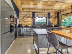 A modern kitchen with stainless steel appliances, a wooden ceiling, and a large window with a view of greenery.