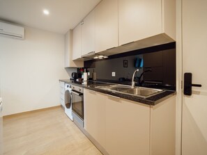 A modern kitchen with a built-in oven, a washing machine, and a stainless steel sink. - Apartment  by Interhome (Porto)