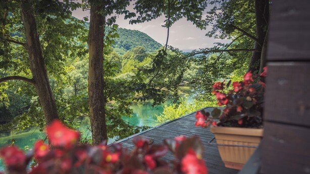 A wooden deck with a view of a lake and forest.