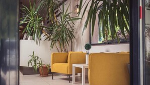 A modern interior with yellow chairs, a white table, and large potted plants.