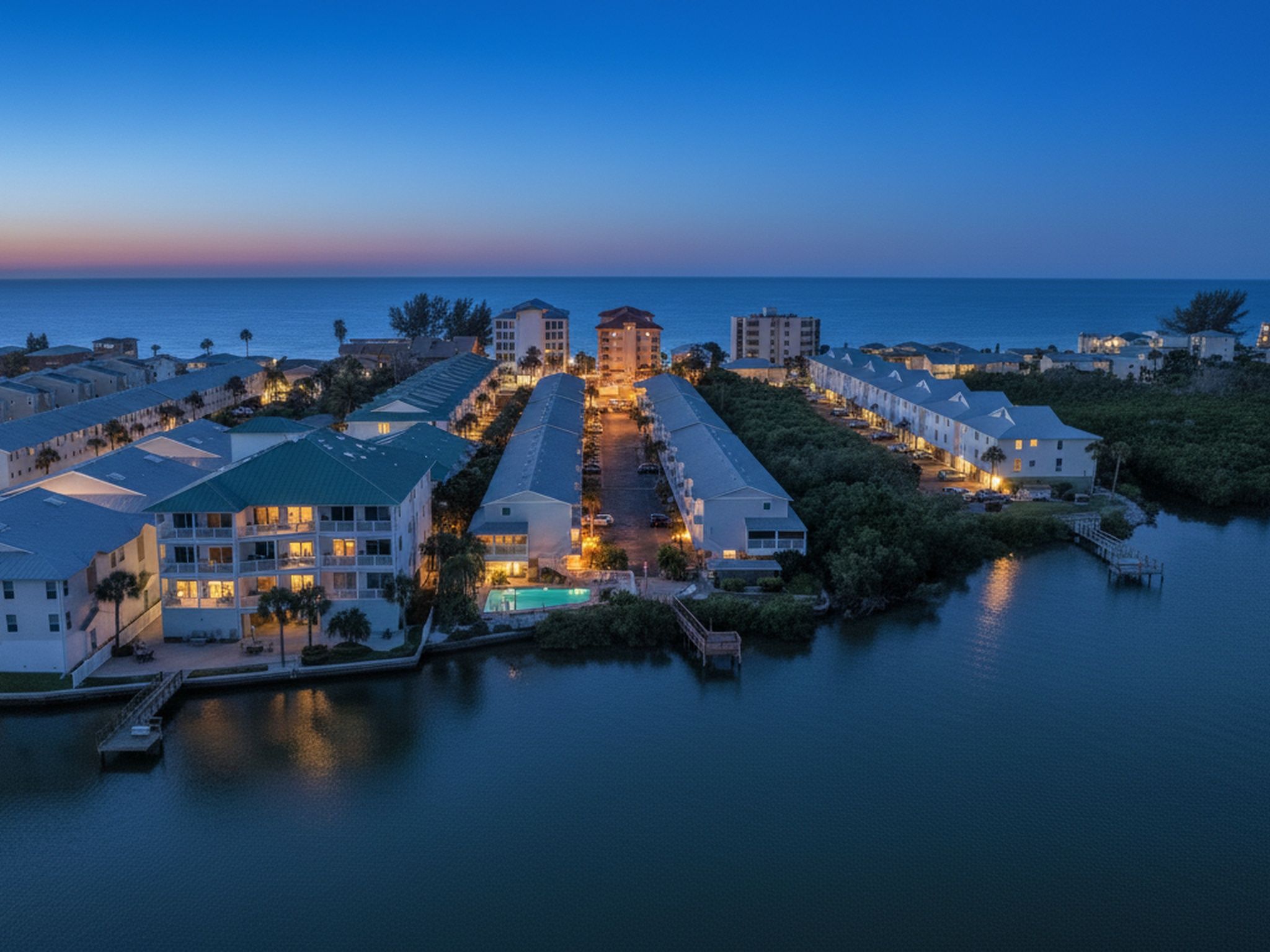 Un hotel sul lungomare con diversi edifici, una piscina centrale e vista mare.
