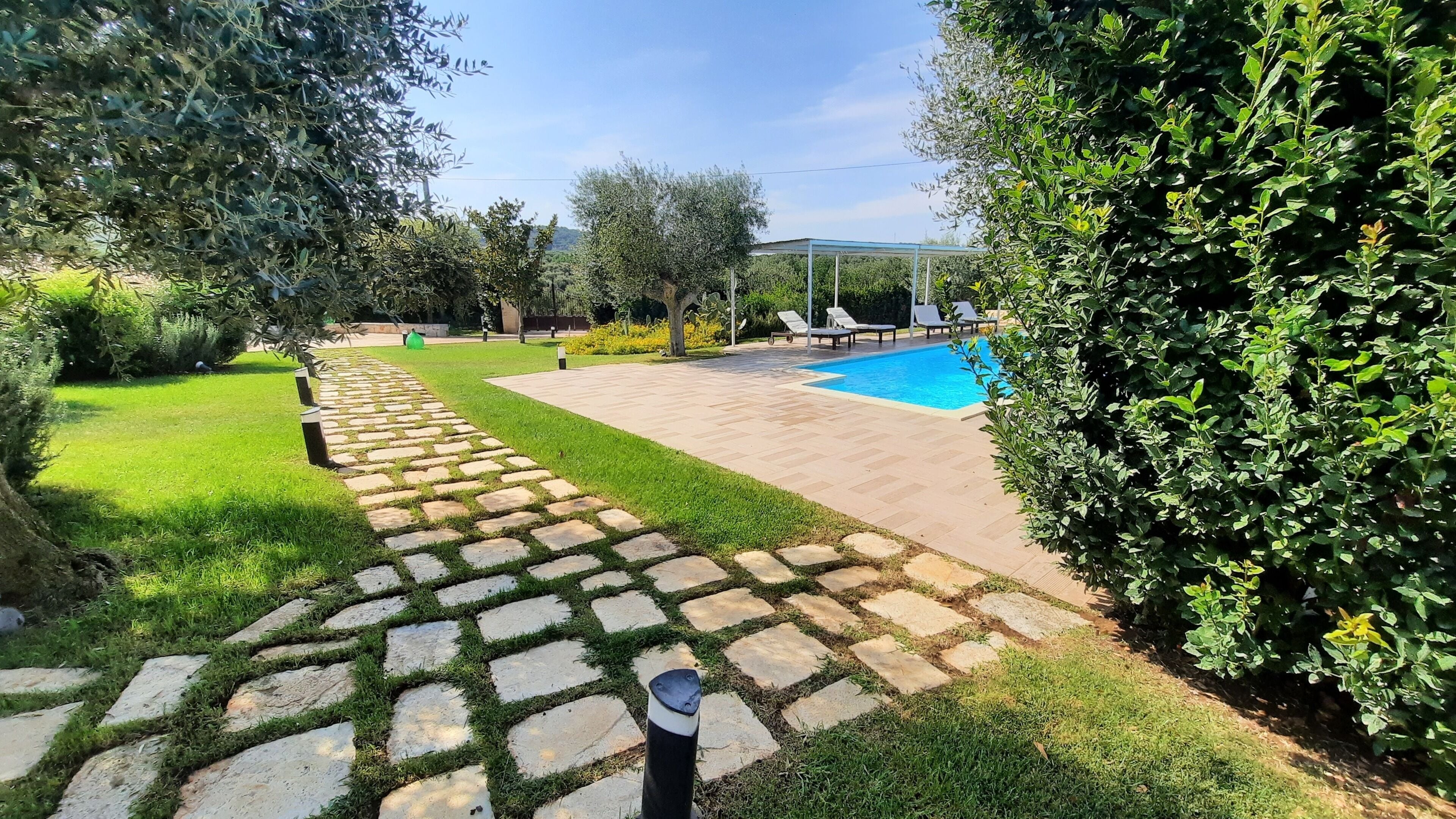 Seasonal outdoor pool, pool loungers