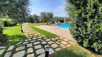 Seasonal outdoor pool, pool loungers