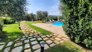 Seasonal outdoor pool, sun loungers
