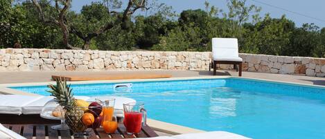 Seasonal outdoor pool, pool loungers