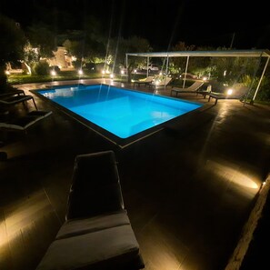 Seasonal outdoor pool, sun loungers