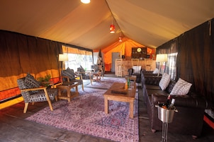 A tented accommodation with a bar area, seating arrangements, and a visible kitchen.