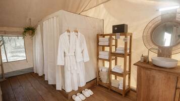Shower, towels, soap, shampoo
