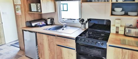 Una cocina compacta con fregadero, estufa, horno y armarios de madera.