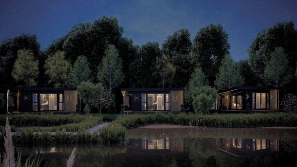 A modern, two-story house with large windows, a pond in the foreground, and trees in the background. - 1 bedroom accommodation in Arrochar (Arrochar)
