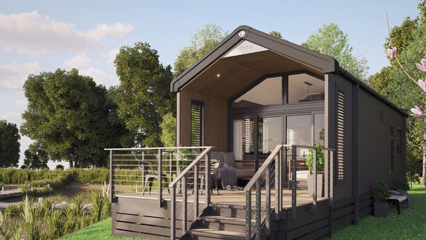 A modern, single-story cabin with a covered porch, a staircase, and a seating area with a table and chairs. - 1 bedroom accommodation in Arrochar (Arrochar)