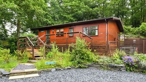 Une cabane en bois avec un escalier menant à l’entrée, entourée d’une végétation luxuriante et bordée d’un chemin de gravier.