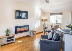 Ein modernes Wohnzimmer mit Kamin, Essbereich und Küchenzeile.