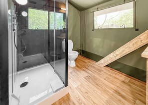 Ein modernes Badezimmer mit einer einteiligen Duschkabine, einer Toilette und Holzboden.