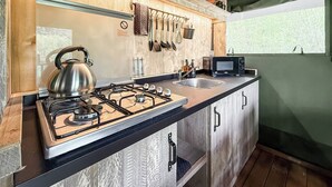 A compact kitchen with a gas stove, a kettle, a microwave, and a sink. - 1 bedroom accommodation in Halling (Halling)
