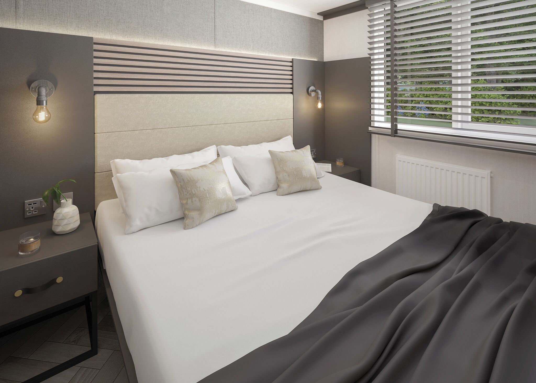 Une chambre moderne avec un grand lit, des tables de chevet et une fenêtre équipée de stores.