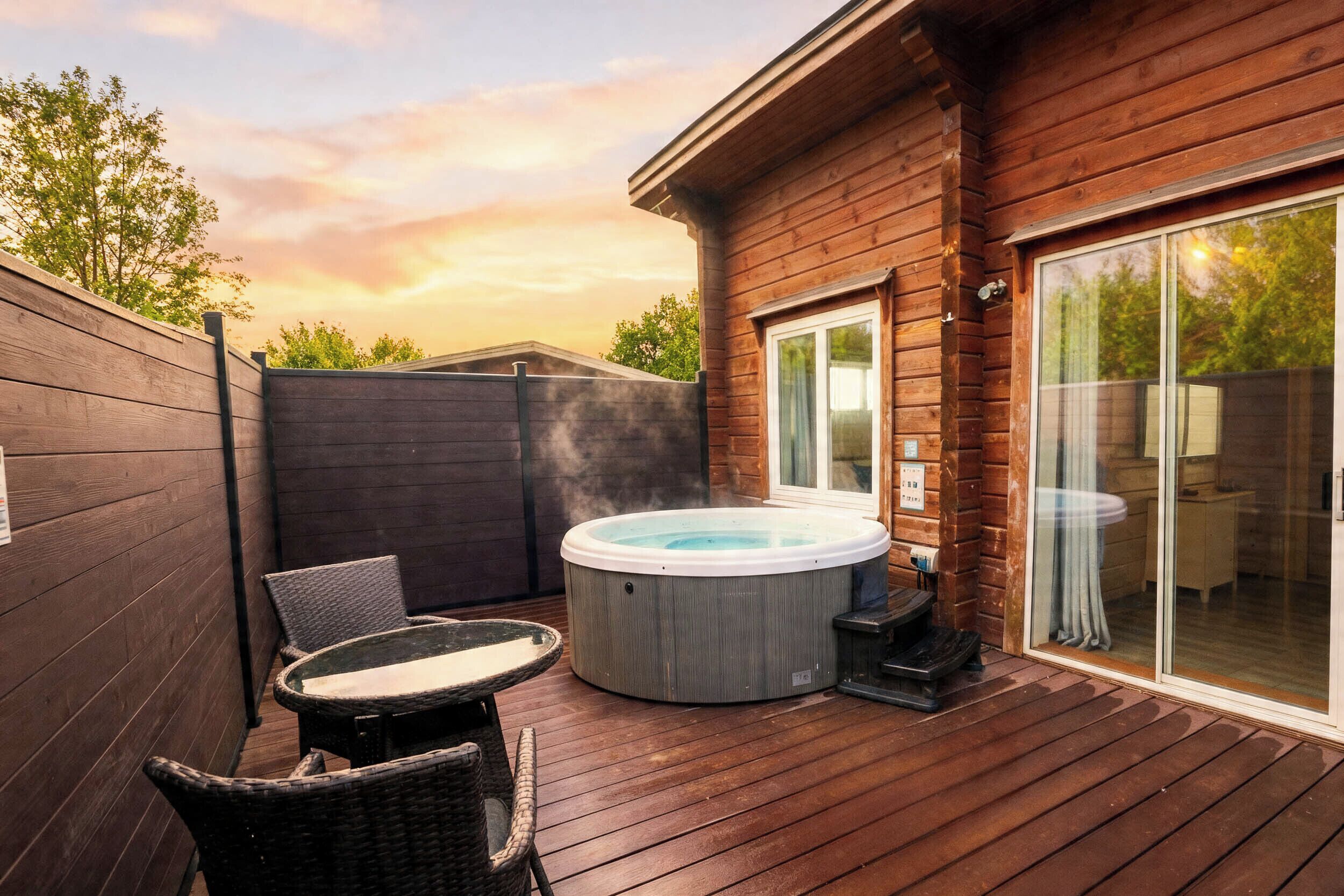 A wooden deck with a hot tub, wicker furniture, and a sliding glass door leading to a room.