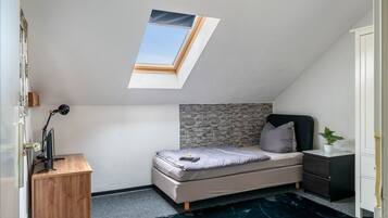 A bedroom with a sloped ceiling, a skylight, a bed, a desk, a computer, a plant, and a wardrobe.