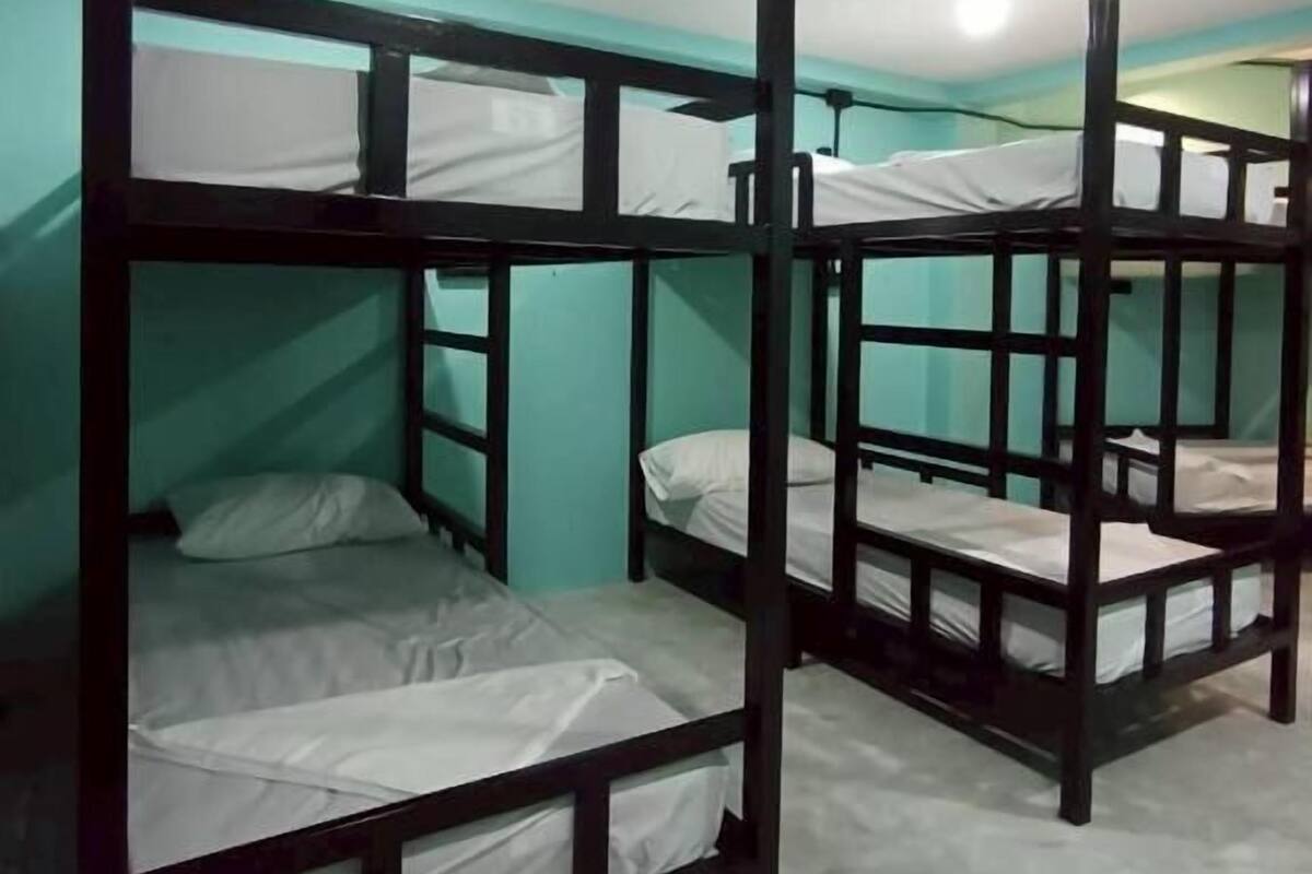 Bunk beds in a room with teal walls and a tiled floor.
