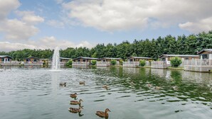 A lakeside view with floating houses, a fountain, and ducks swimming. - Pine Lodge Spa Pet (Thirsk)