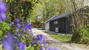 A rustic building with a gravel path leading to it, surrounded by greenery and trees.