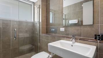 A modern bathroom with a glass shower enclosure, a white sink, and a toilet.