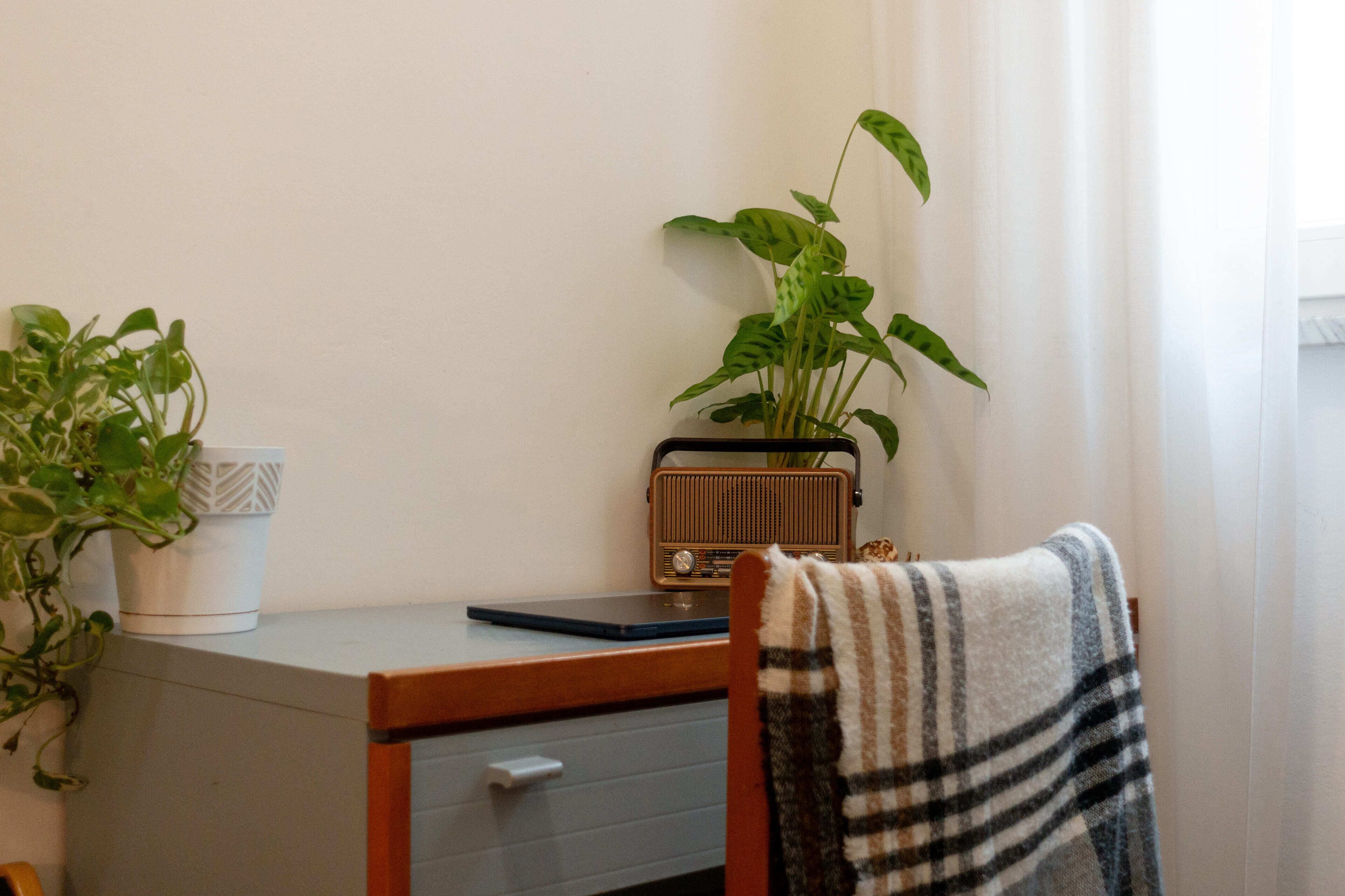 A room with a desk, a radio, a potted plant, and a chair with a striped blanket.