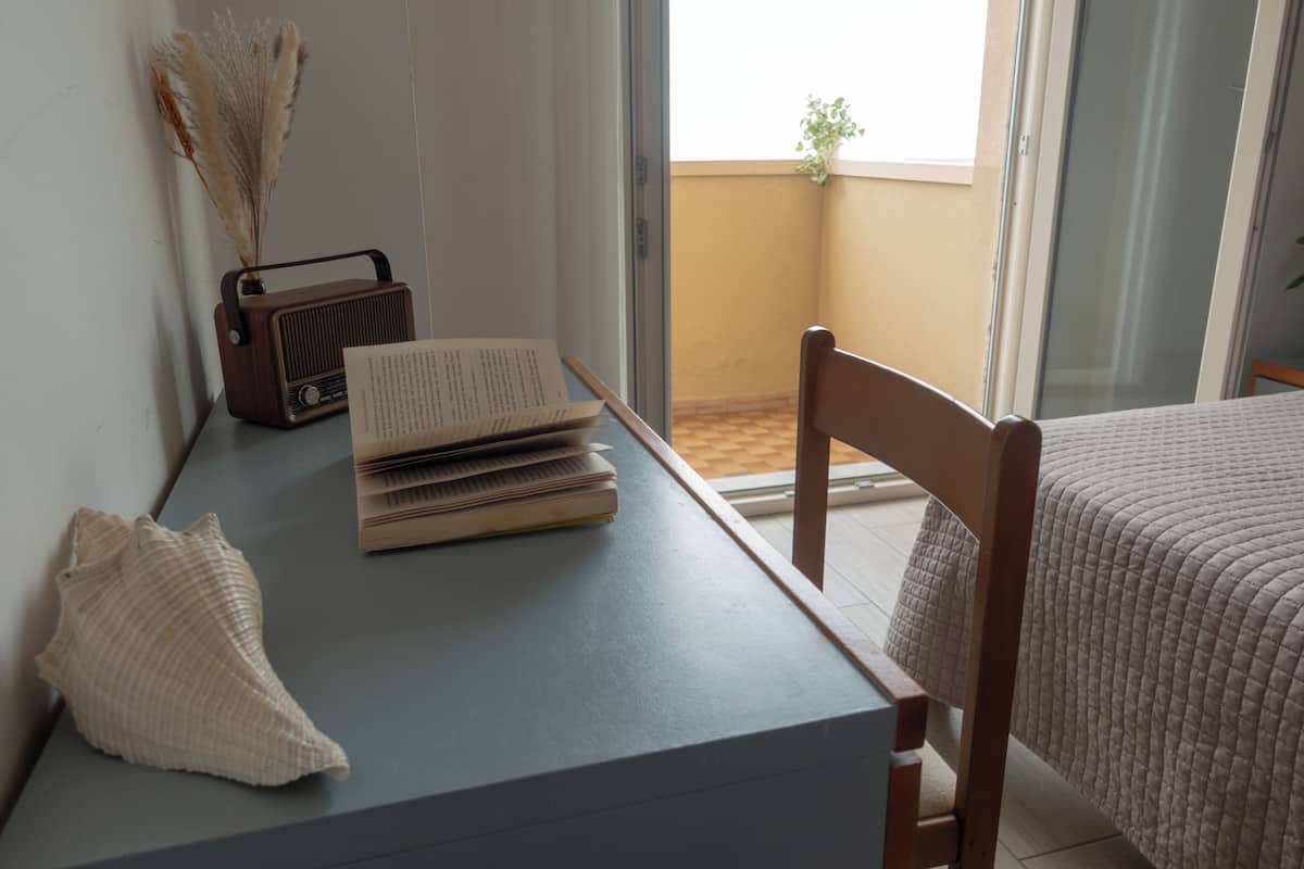 Una habitación con una cama, una mesa con libros y un radio, una silla, y vistas a un balcón con una planta.