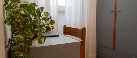 A room with a desk, a chair, a potted plant, and a wardrobe.