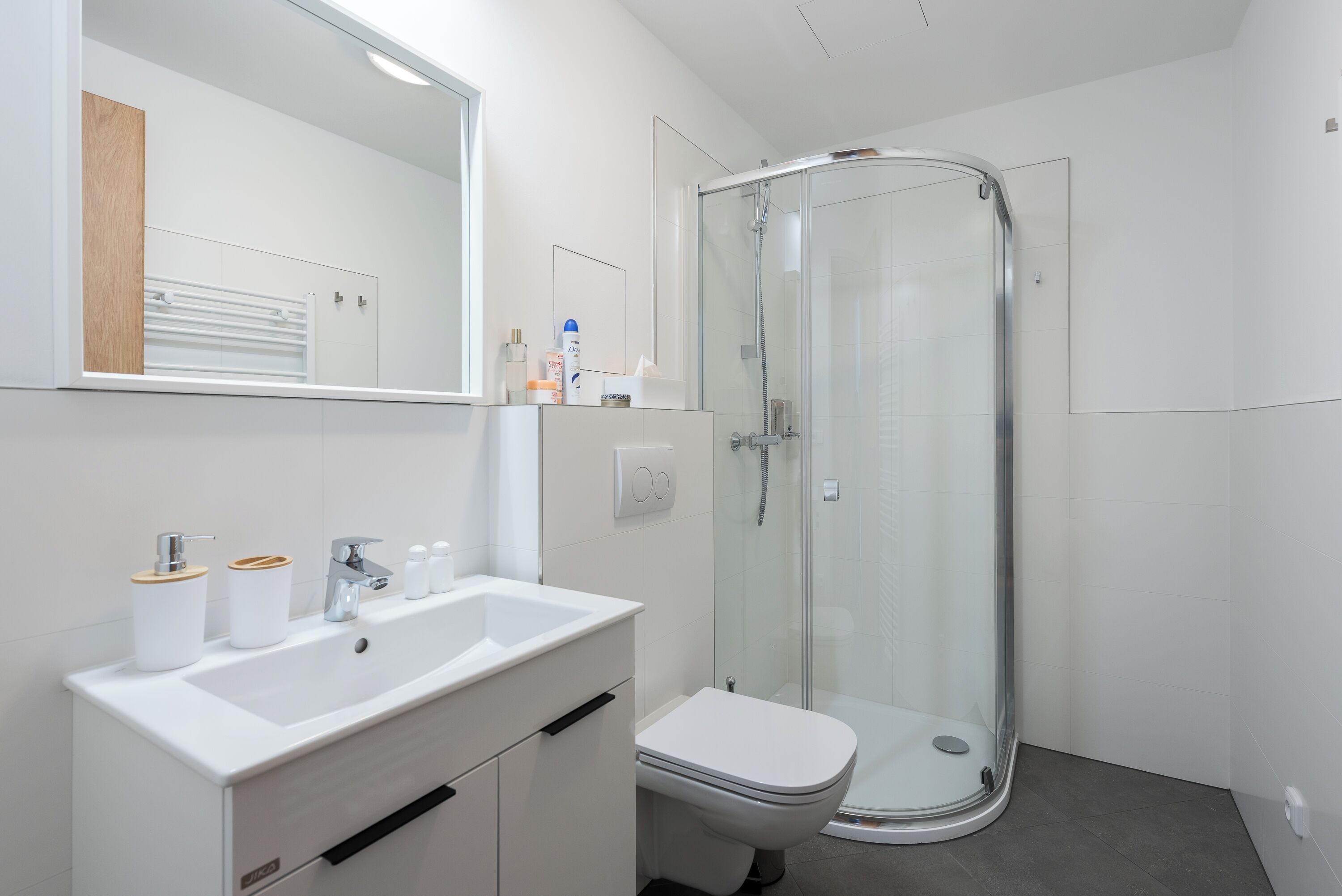 A modern bathroom with a glass shower enclosure, a white sink, and a toilet.