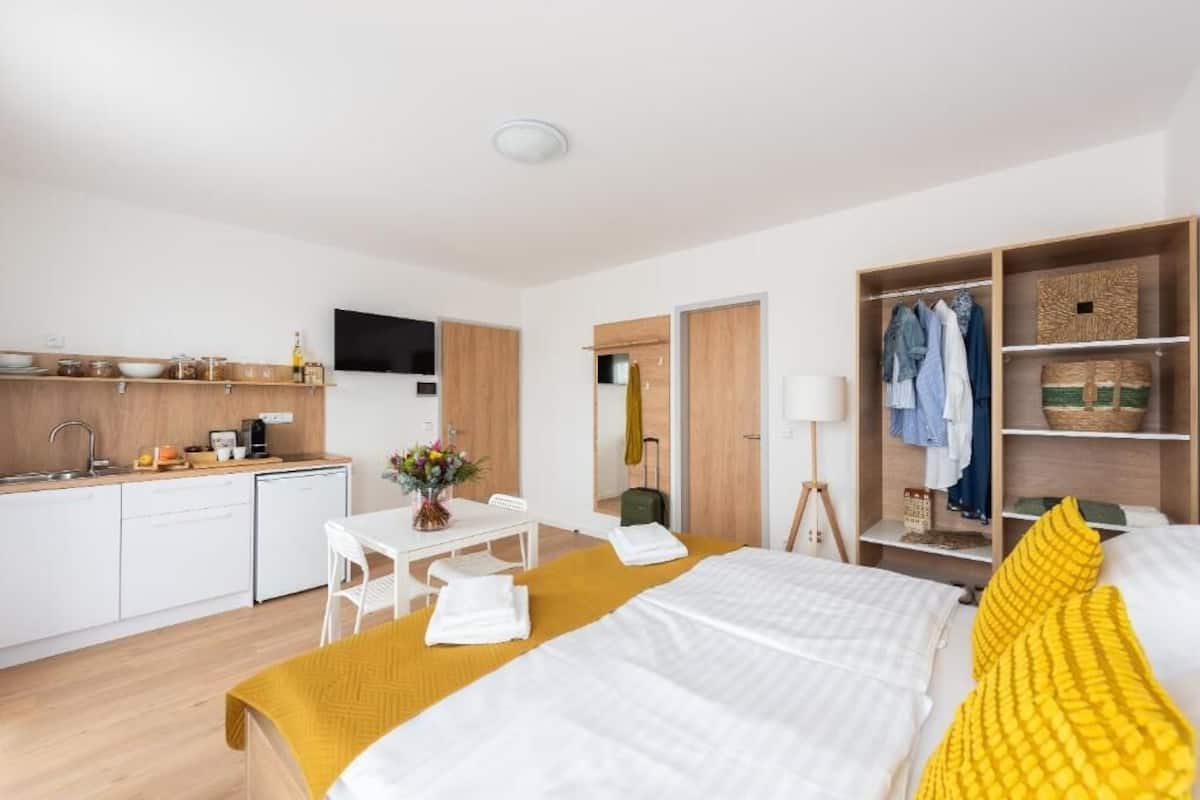 Une chambre d’hôtel comprenant un lit, un bureau, une chaise, une armoire et une kitchenette.