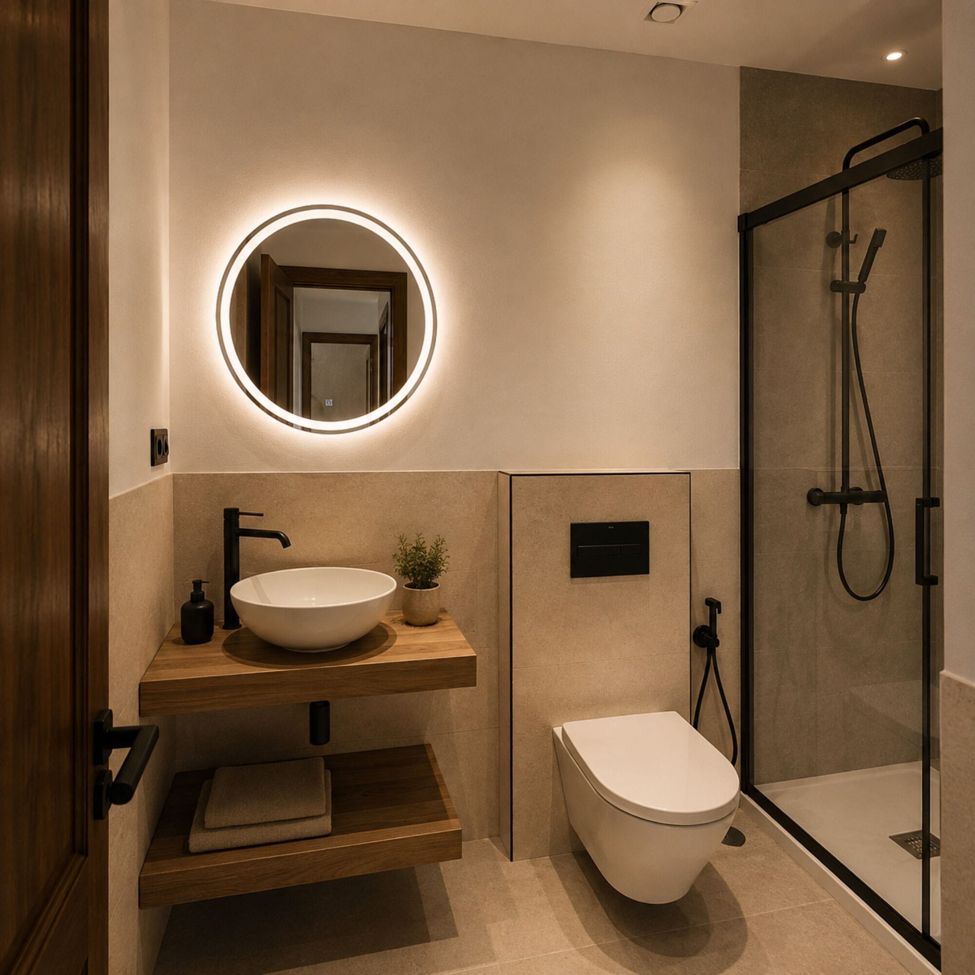 A modern bathroom with a round mirror, a vessel sink, a toilet, and a glass-enclosed shower.