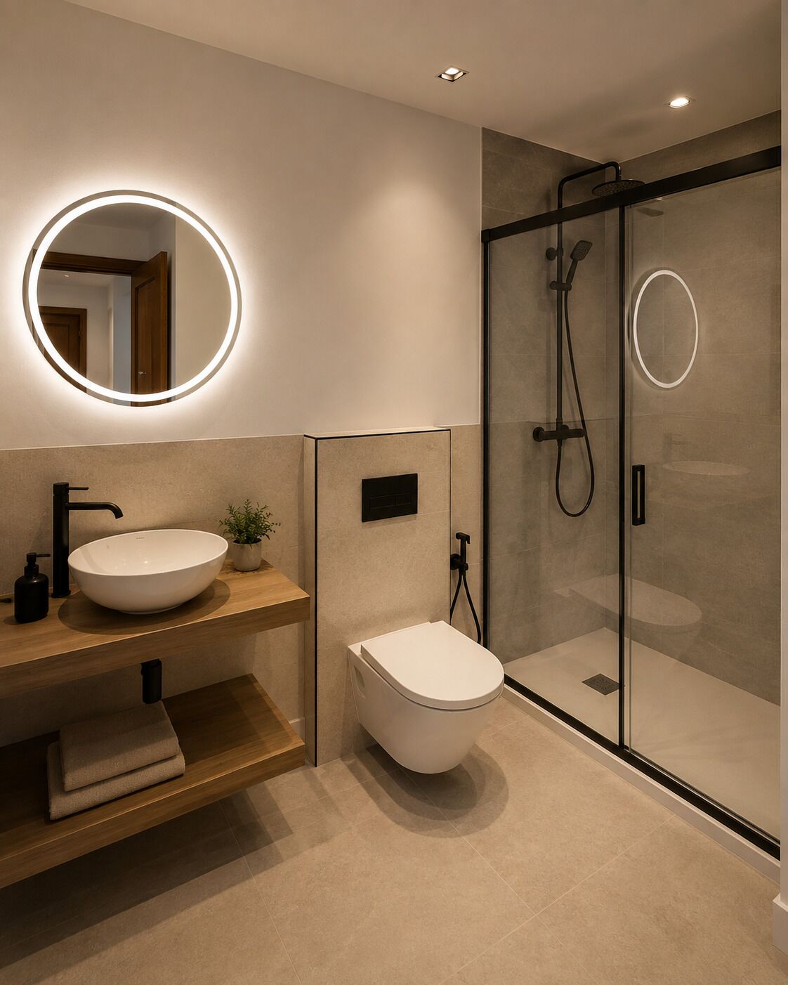 A modern bathroom with a round mirror, a vessel sink, a toilet, and a glass-enclosed shower area.
