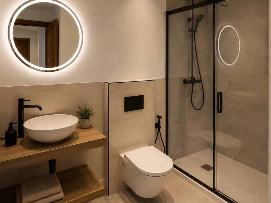 A modern bathroom with a round mirror, a vessel sink, a toilet, and a glass-enclosed shower area.