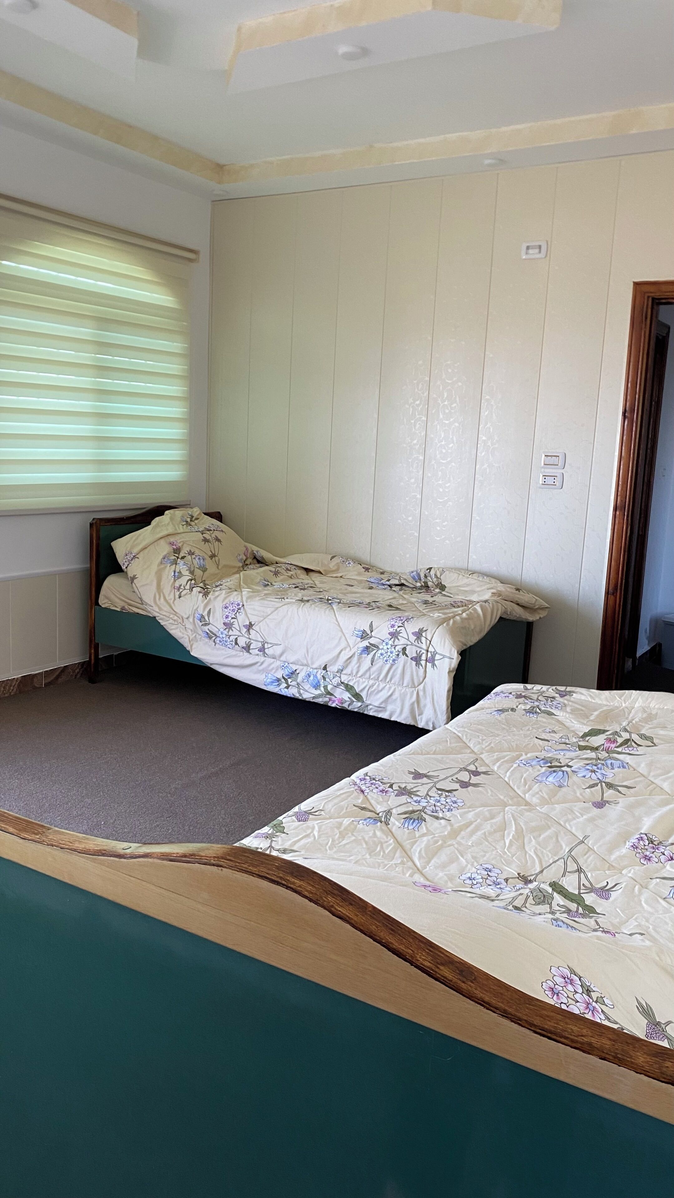 A room with a single bed, a window with blinds, and a door.