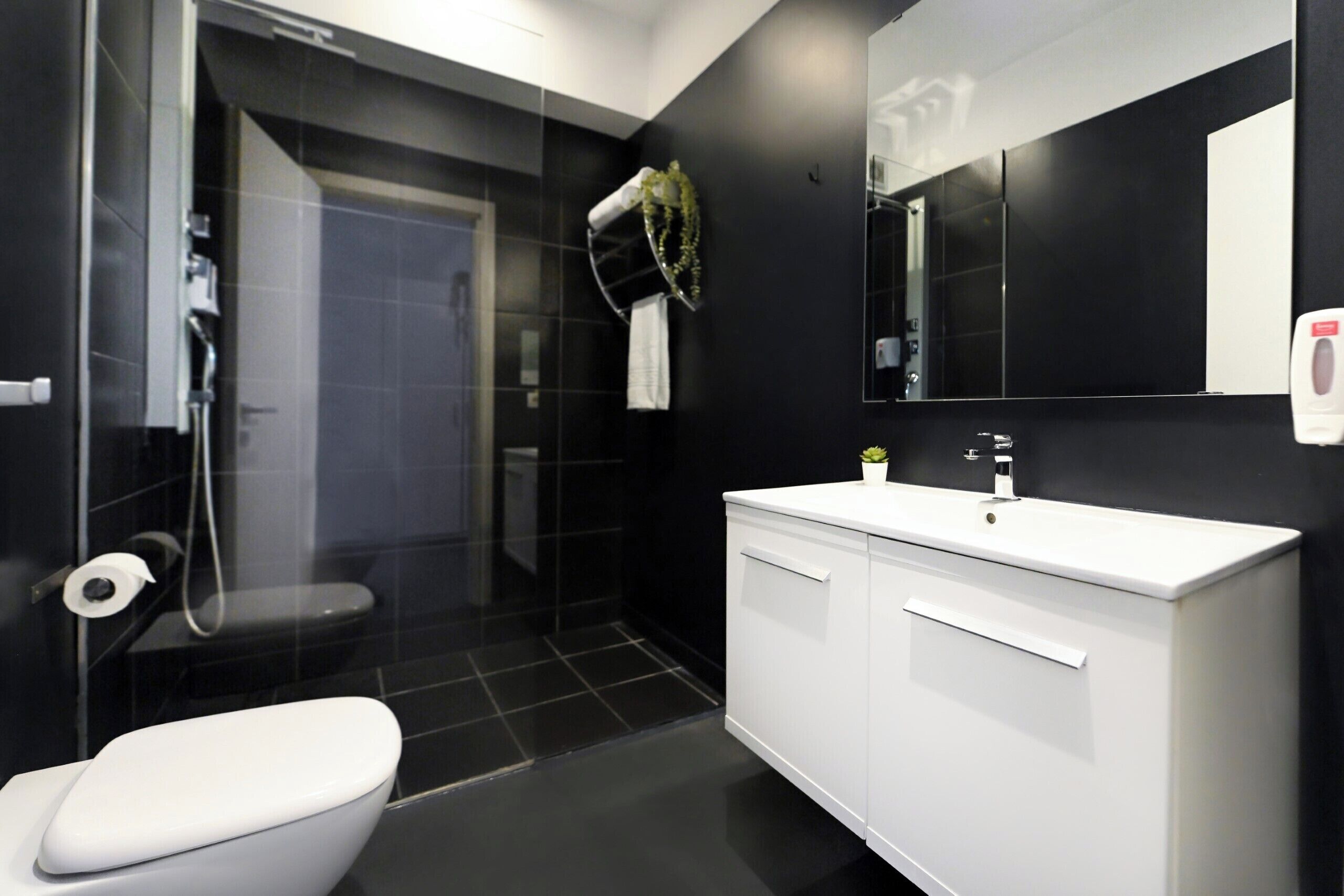 Un bagno moderno con un water, una doccia e un mobile lavabo con specchio.