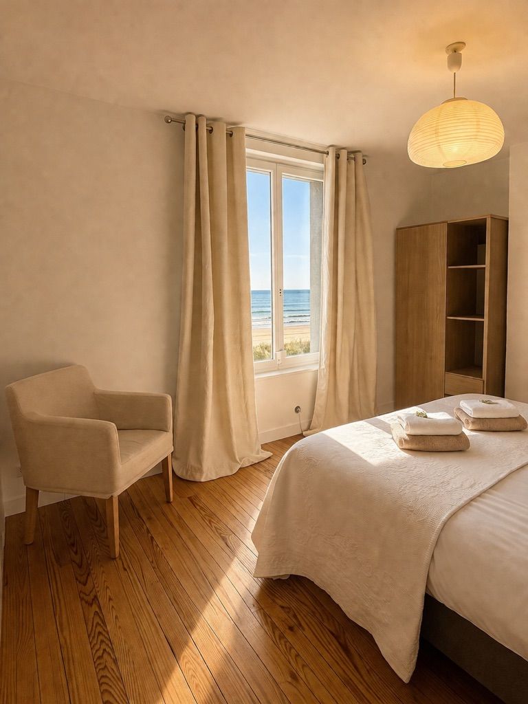 Une chambre à coucher avec un lit, une chaise, une armoire et une fenêtre avec des rideaux.