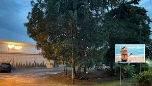 Un espacio pavimentado con árboles, un edificio con paredes decoradas y un cartel publicitario con una escena de playa.