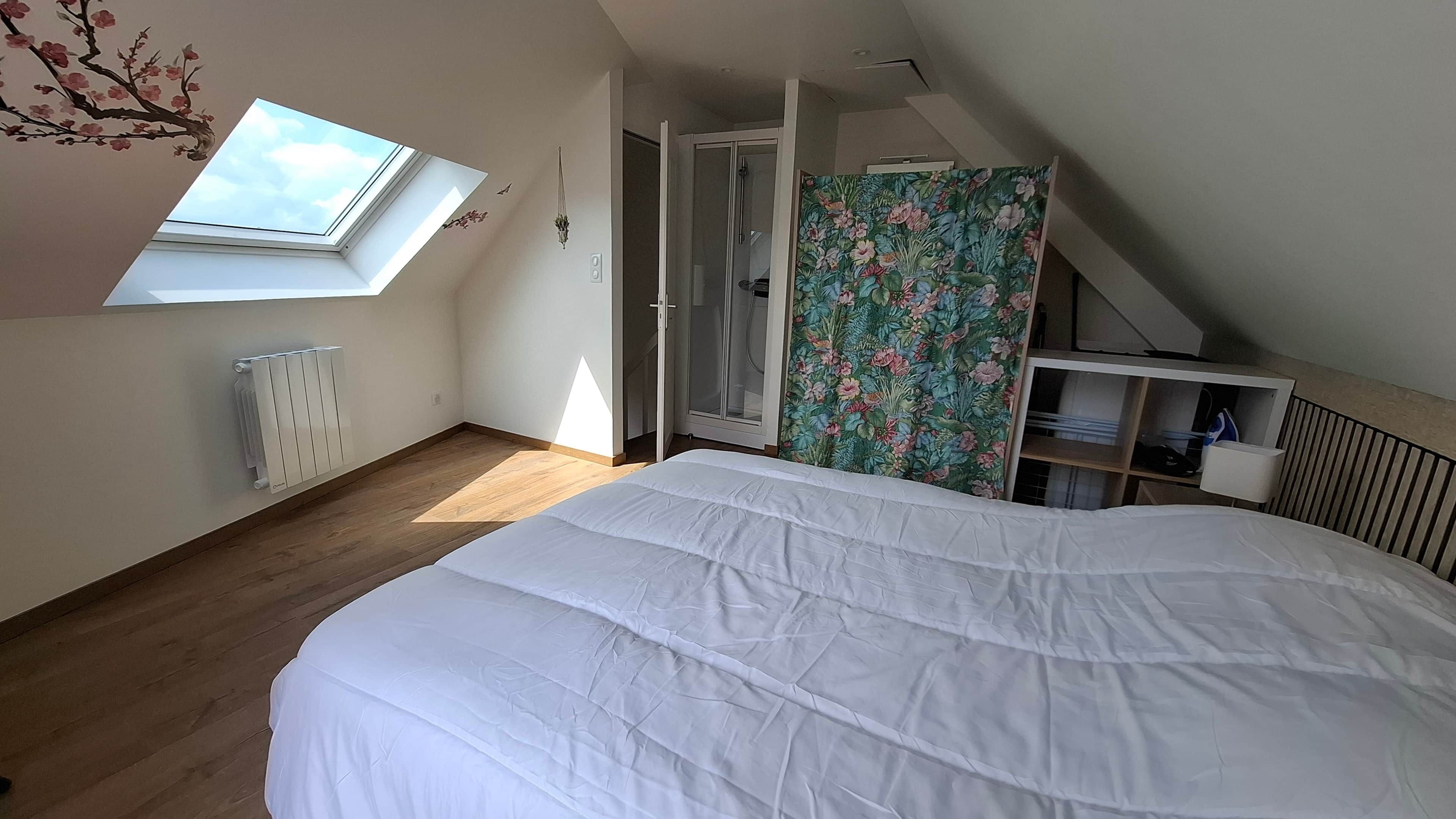 Ein Schlafzimmer mit Dachfenster, einem Bett, einer Heizung, einer Dusche und einer Treppe.