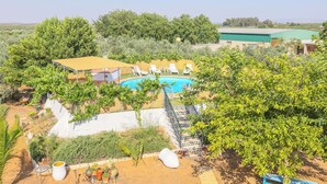 A pool area with lounge chairs, a small building, and surrounding greenery. - Holiday Home Los Miradores, Marchena, Seville (Marchena)