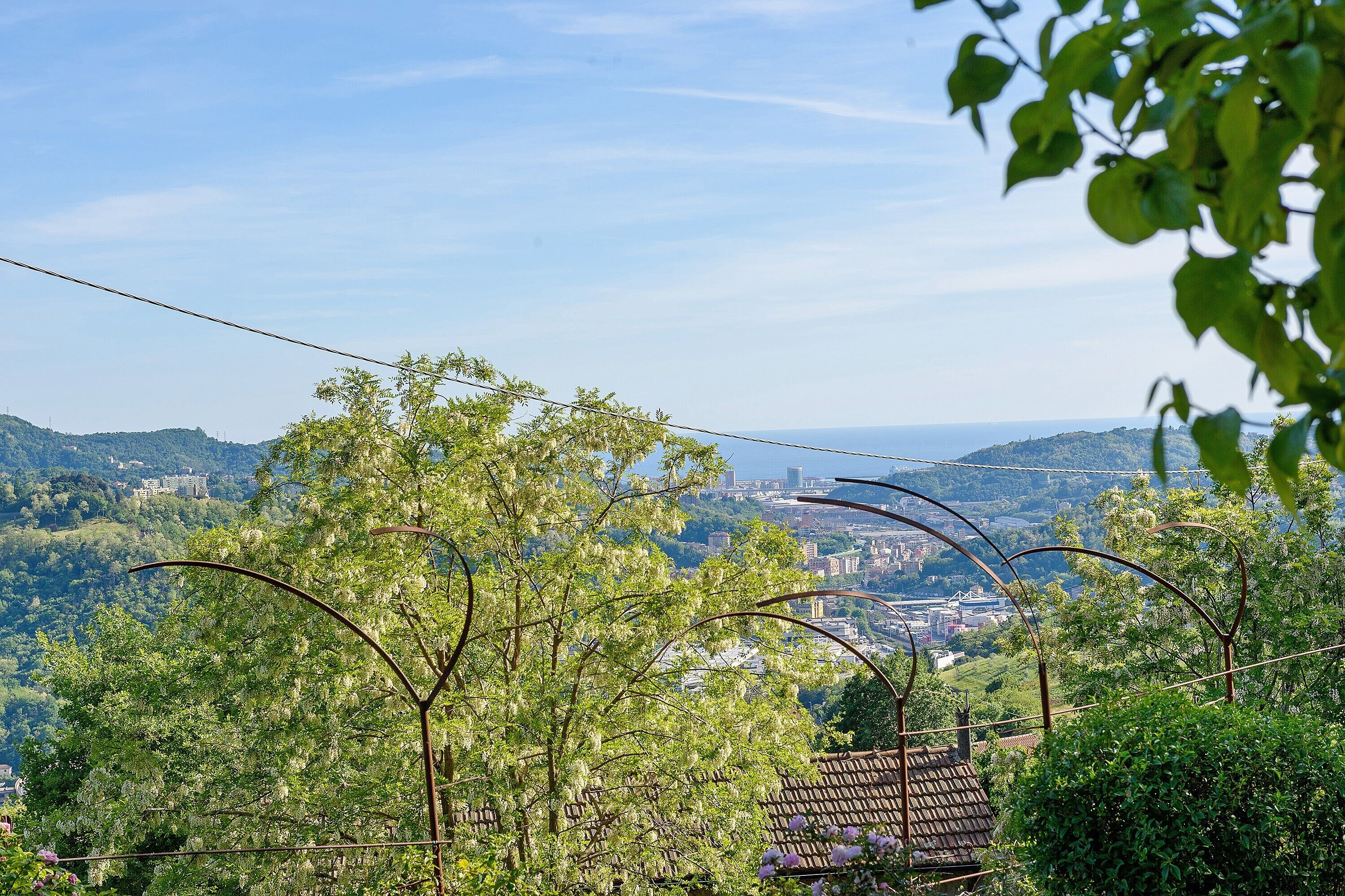 Vista d'un paisatge montanyós amb una ciutat al lluny, una estructura metàl·lica i vegetació.
