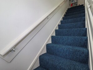 A staircase with blue carpeted steps and white handrails. - 140 Atlantic Reach (St. Columb Major)