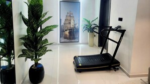 A hallway with a treadmill, potted plants, a large poster of a ship, and a modern air conditioning unit. - Stan Haven Apartment (Abuja)