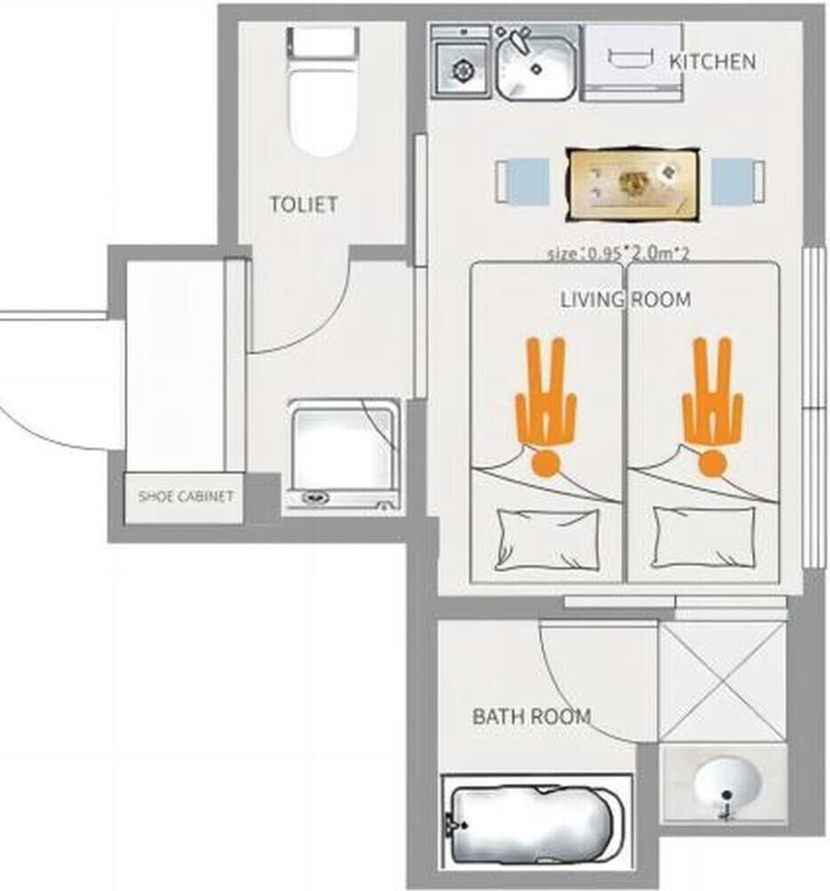 A floor plan of a hotel room with a toilet, shoe cabinet, kitchen, living room, and bathroom.