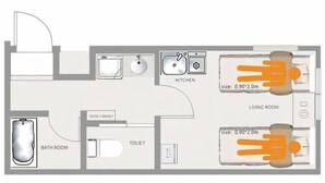 A floor plan with a kitchen, two bedrooms, a bathroom, and a shoe cabinet. - Ustay nippori (Tokyo)