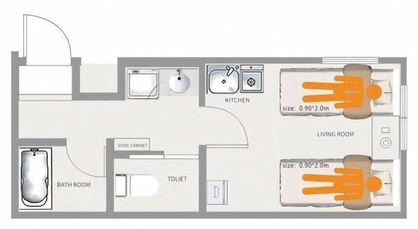 A floor plan with a kitchen, two bedrooms, a bathroom, and a shoe cabinet. - Ustay nippori (Tokyo)