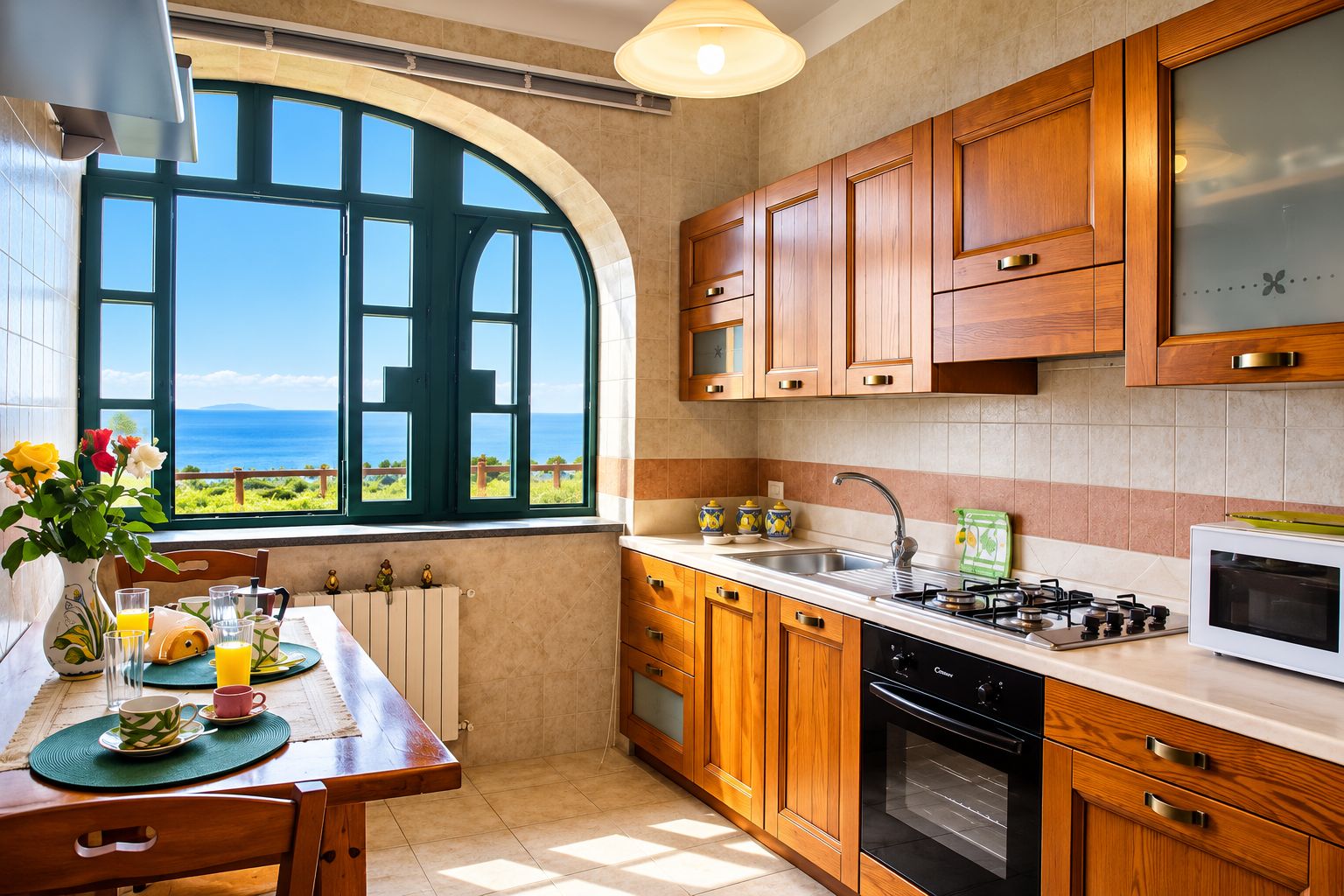 Een keuken met houten kastjes, een fornuis, een magnetron en uitzicht op zee door een groot raam.