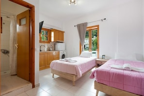 Un dormitorio con dos camas, baño y cocina.