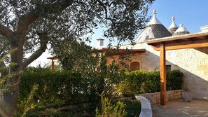 Un edificio in pietra con una veranda coperta, immerso nel verde e circondato da ulivi.
