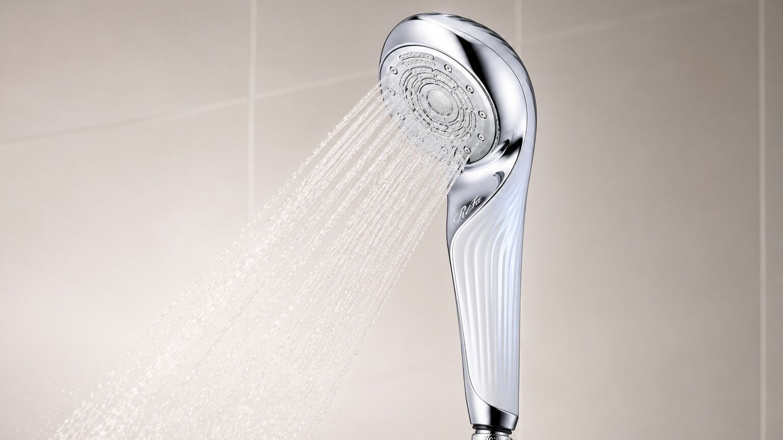 A chrome showerhead with water flowing from it.